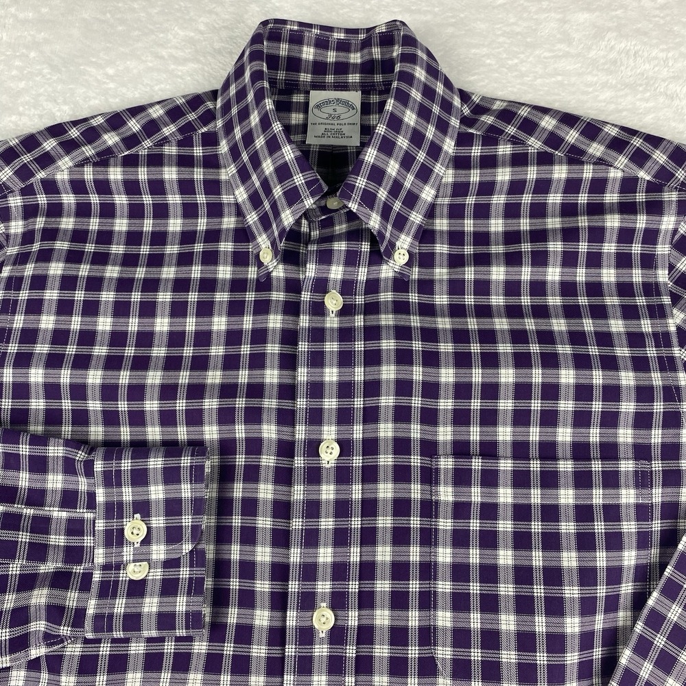 Brooks Brothers Shirt Mens Small Purple/White Plaid 346 Slim Fit Non Iron
